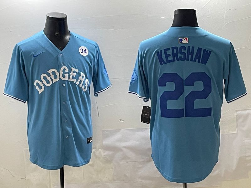Men Los Angeles Dodgers #22 Kershaw Light Blue Joint Name 2025 Nike MLB Jersey style 19